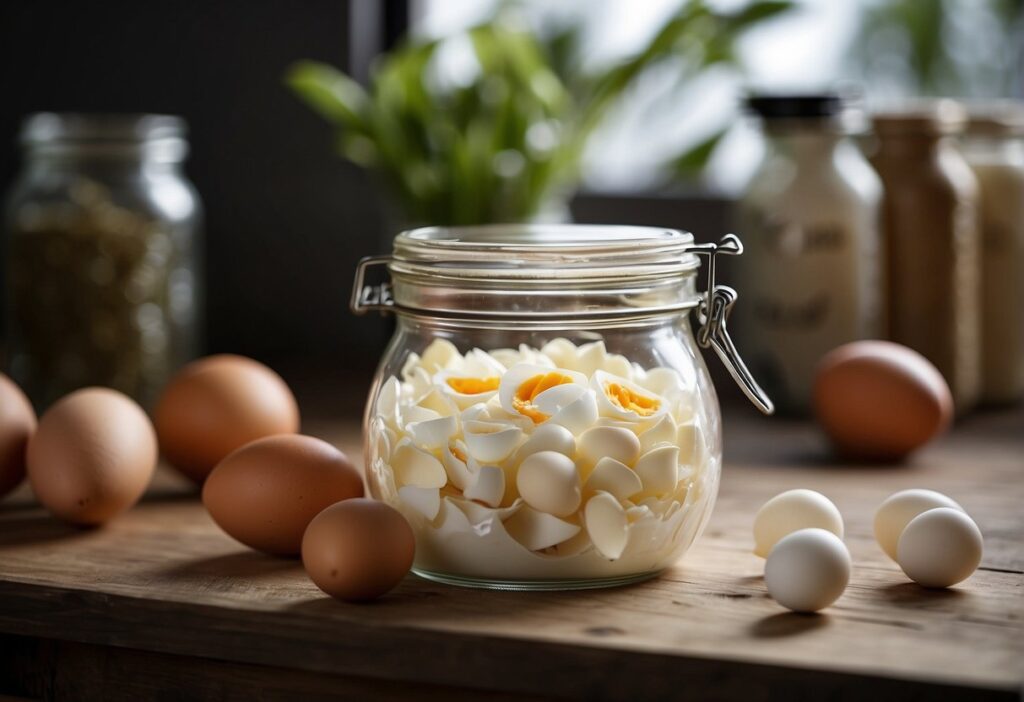 A glass jar with a tightly sealed lid holds fresh egg whites. Nearby, a labeled container stores leftover eggshells for composting