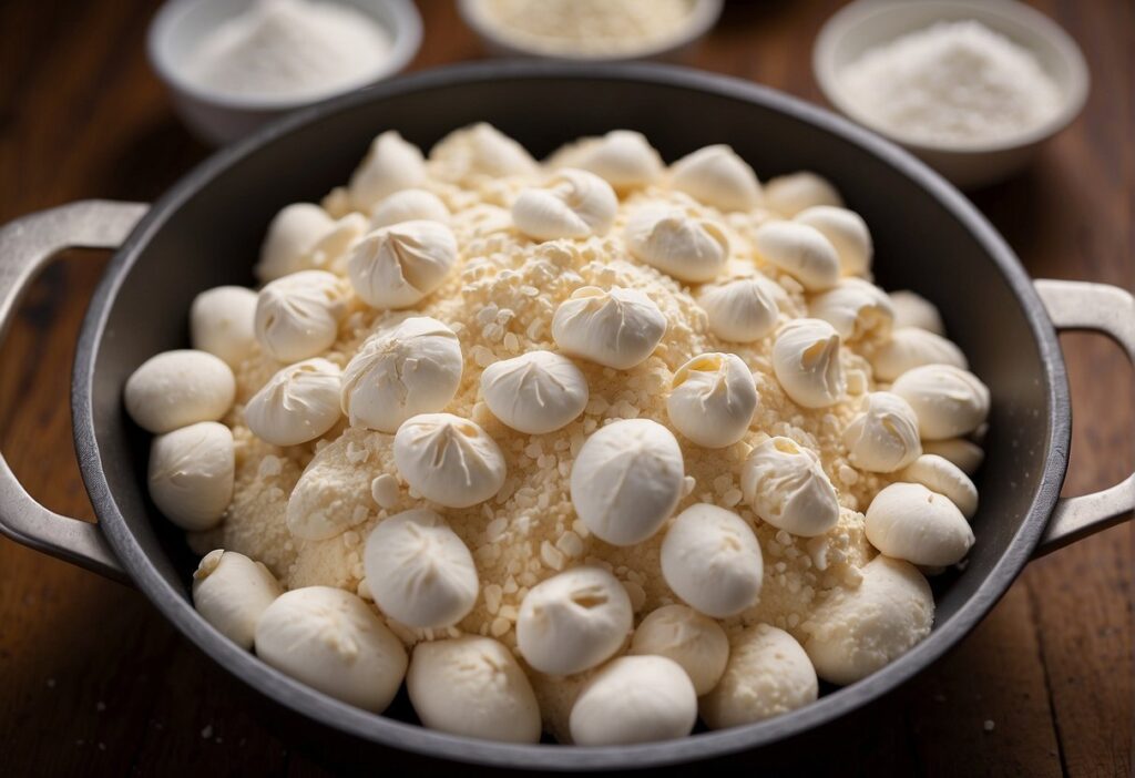 Almond flour is carefully sifted and folded into the meringue mixture, creating a smooth and thick batter for piping onto baking sheets