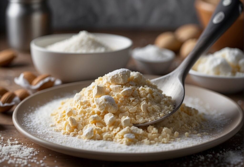 Almond flour is mixed with powdered sugar, creating a fine, pale mixture. A spatula folds in egg whites, forming a smooth, glossy batter