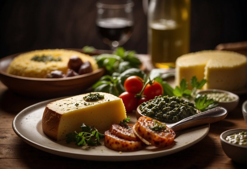 A table set with a bottle of Argentine wine, a bowl of creamy polenta, and a spread of traditional Argentine ingredients like chorizo, provolone, and chimichurri