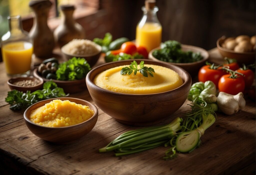 A rustic wooden table displays a bowl of freshly made polenta, surrounded by vibrant local vegetables and ingredients, evoking the essence of Argentine cuisine