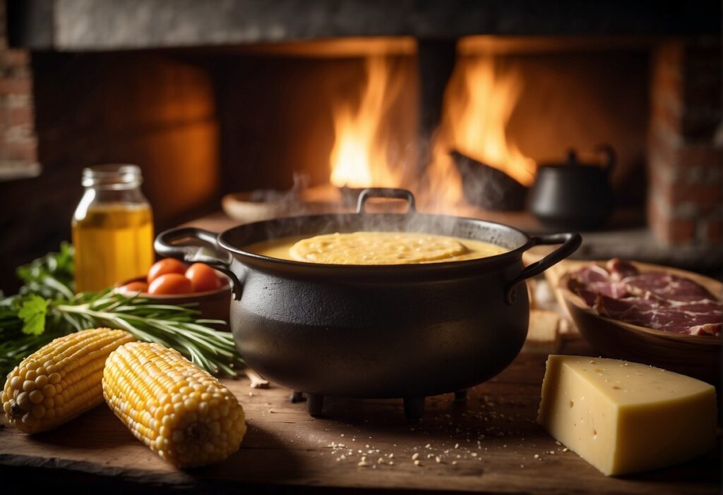 A rustic kitchen with a steaming pot of polenta on a wood-burning stove, surrounded by traditional Argentine ingredients like corn, cheese, and meats