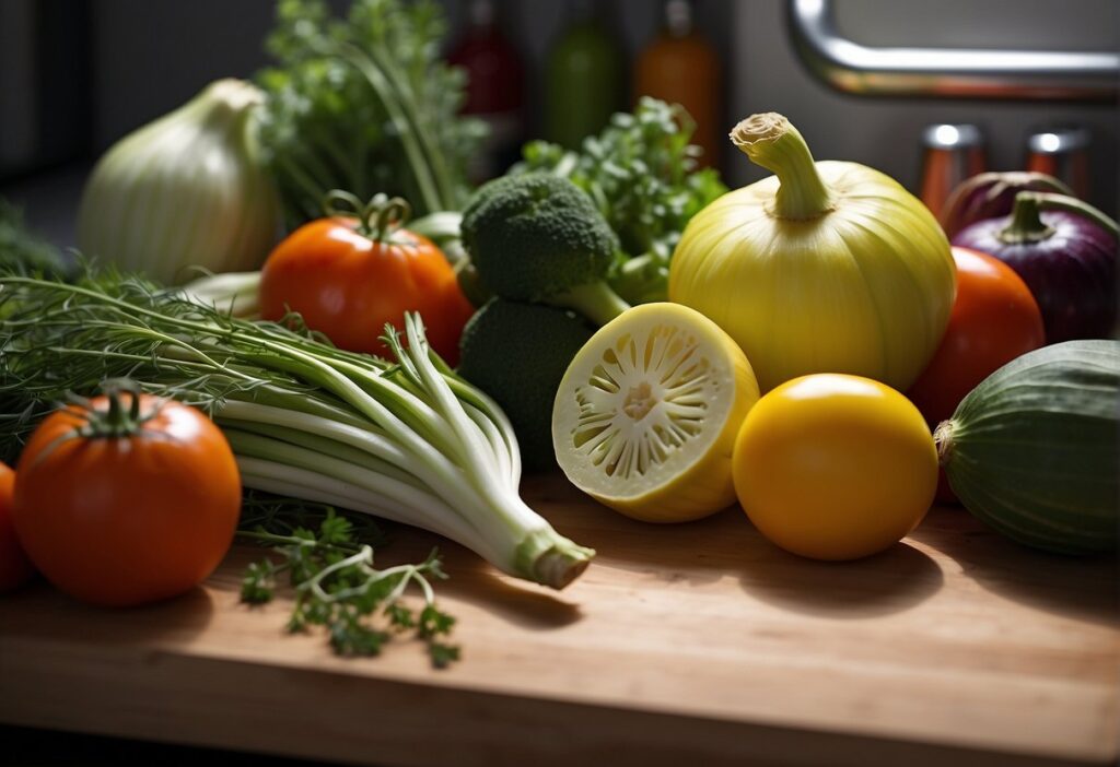 A fresh fennel bulb sits on a clean cutting board, surrounded by other colorful vegetables. A refrigerator door is open, revealing a compartment where the fennel can be stored