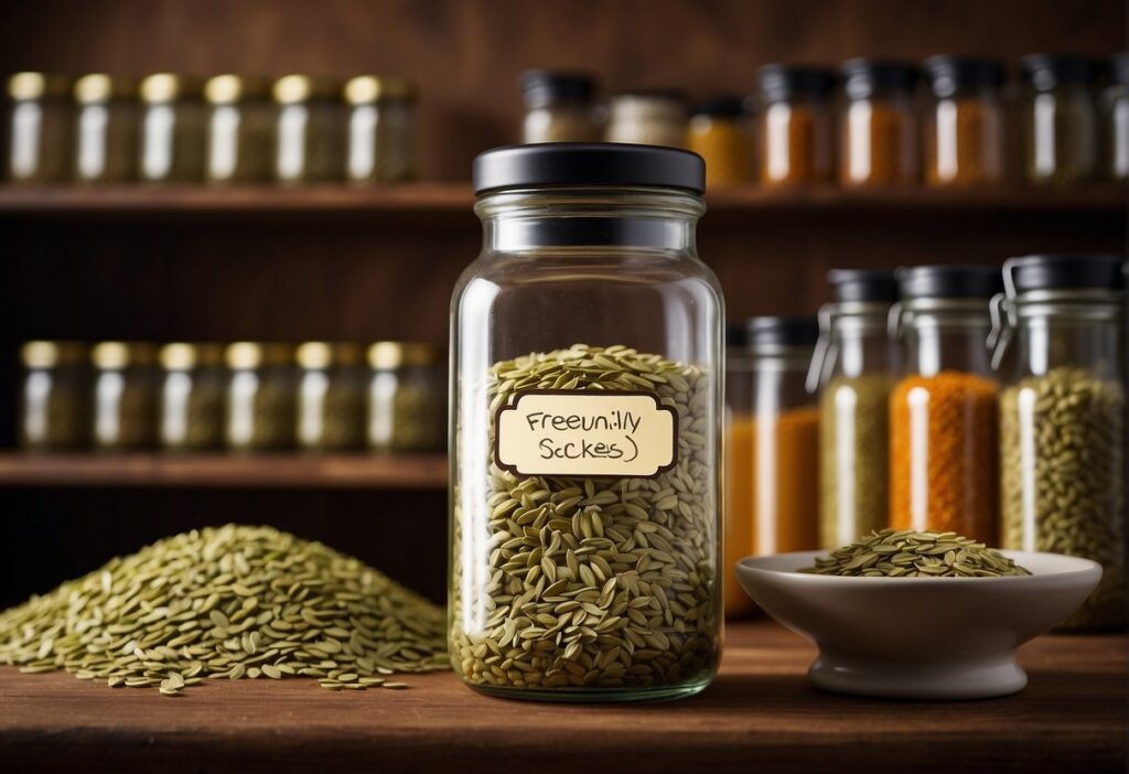 A jar of fennel seeds sits on a shelf next to a spice rack. A label on the jar reads "Frequently Asked Questions: How to Store Fennel."