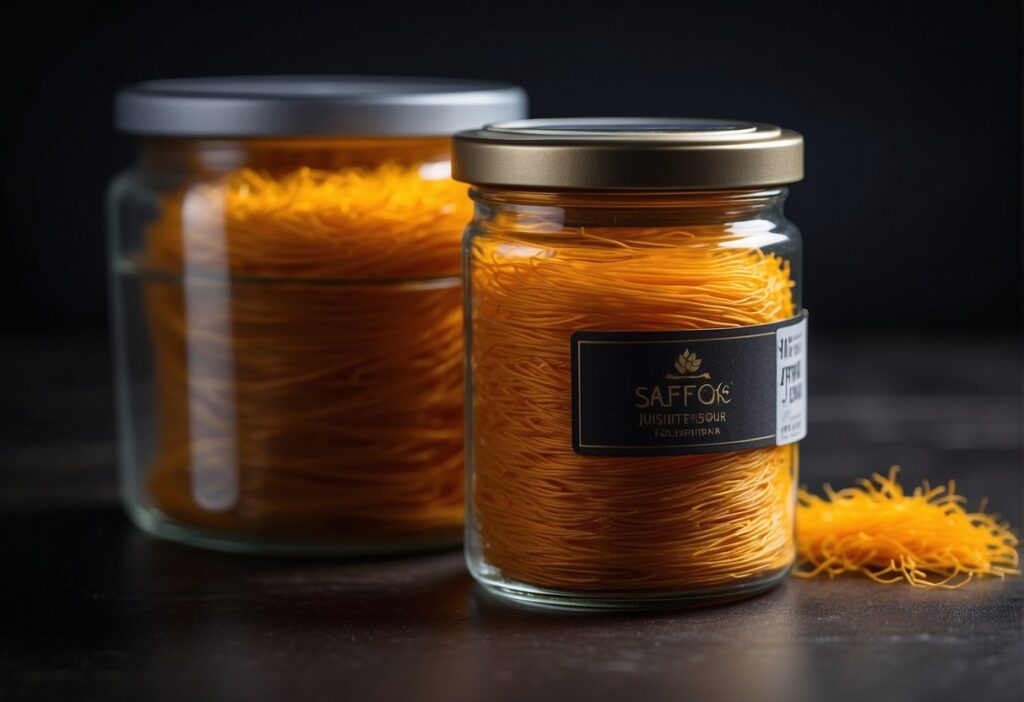 Saffron threads in a sealed, airtight container, away from light and moisture. Label with date and store in a cool, dark place