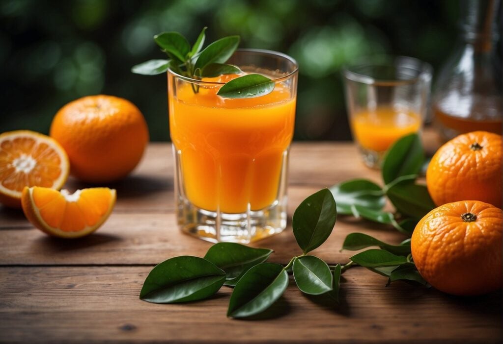 A glass of tangerine juice sits on a wooden table, surrounded by fresh tangerines and green leaves. The juice is a vibrant orange color, with condensation forming on the outside of the glass