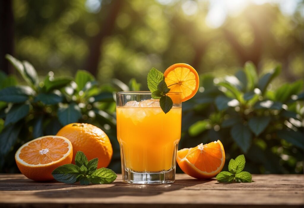 A glass of tangerine juice sits on a wooden table adorned with fresh tangerine slices and mint leaves, with a vibrant backdrop of citrus orchards