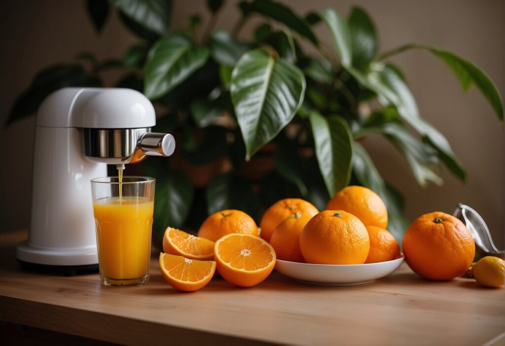 A tangerine sits next to a juicer, surrounded by oranges and lemons. A measuring cup collects the freshly squeezed juice, ready to be used in a recipe
