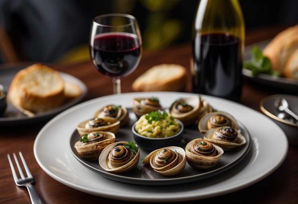 A platter of escargot is paired with wine and beverages for an elegant presentation