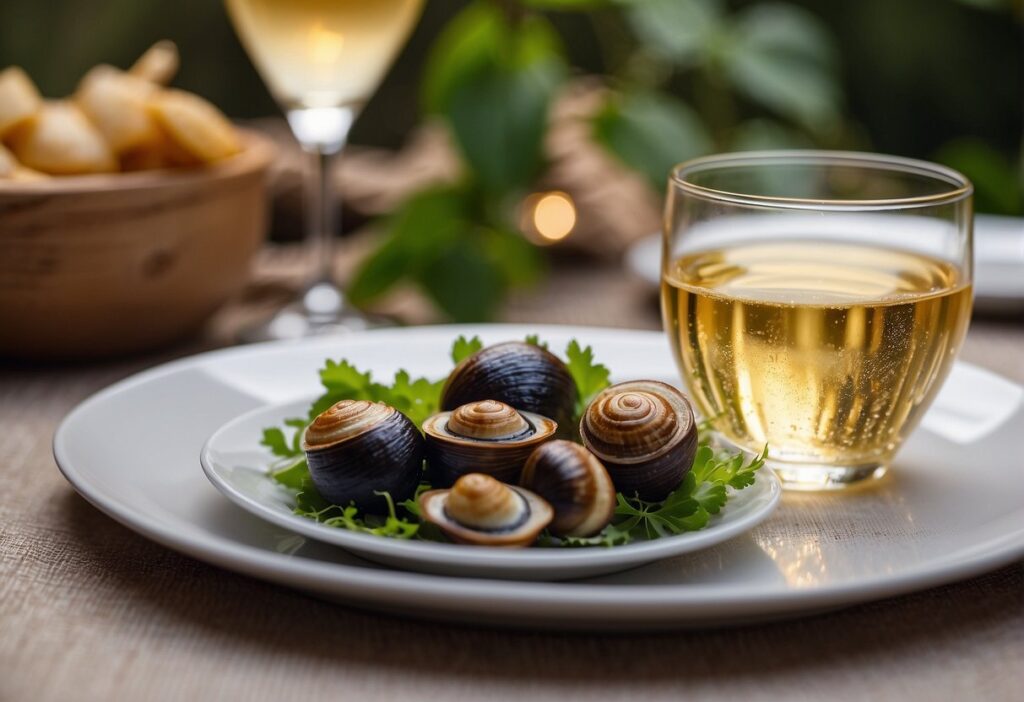 A plate of escargot sits next to a glass of white wine and a bottle of sparkling water on a linen-covered table