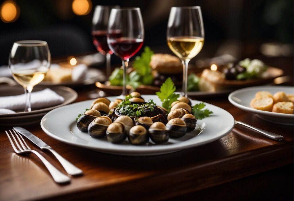 A table set with a plate of escargot and a variety of wine and beverages, with elegant glassware and a cozy ambiance