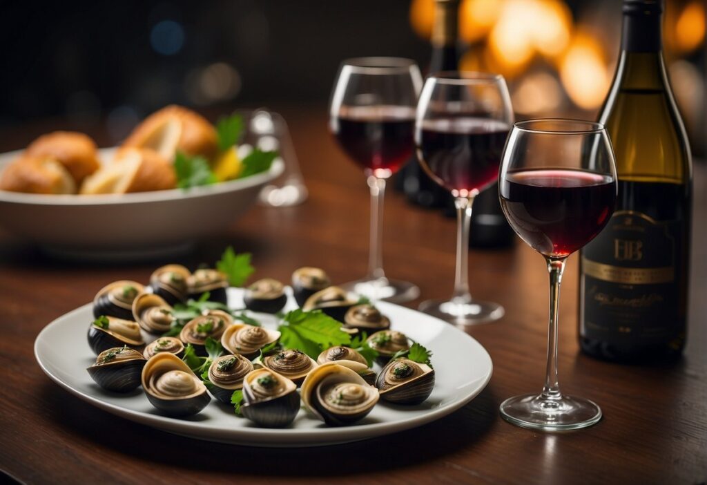 A table set with a plate of escargot, a bottle of wine, and various glasses. A sommelier's guidebook lies open nearby