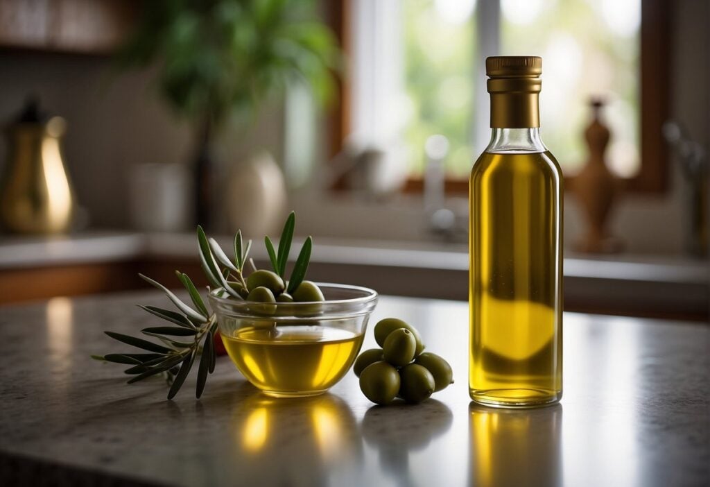 A bottle of olive oil stands next to traditional Southeast Asian oils on a kitchen counter, symbolizing the emergence of olive oil in the region's cooking