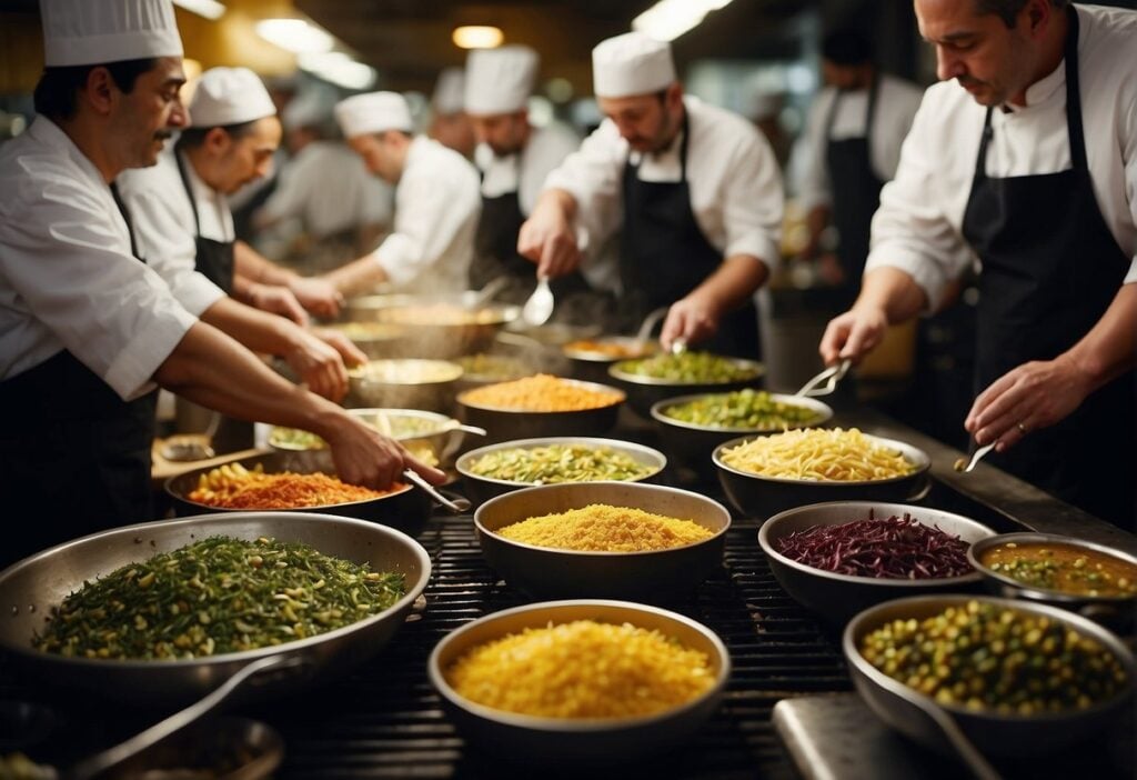 Vibrant market scene with chefs using olive oil in stir-frying, marinating, and dressing dishes. Aromatic spices and fresh produce surround them