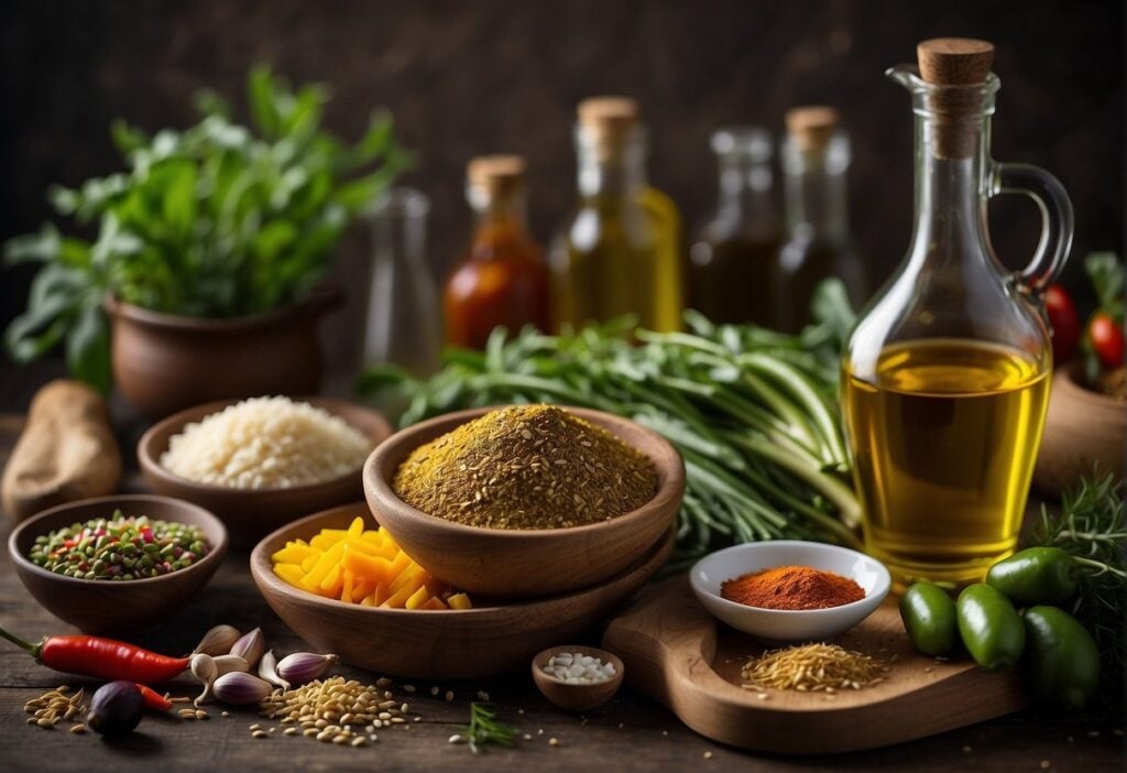 Vibrant market stall displays colorful array of fresh, local produce with prominent bottles of olive oil. A chef expertly incorporates the oil into traditional Southeast Asian dishes