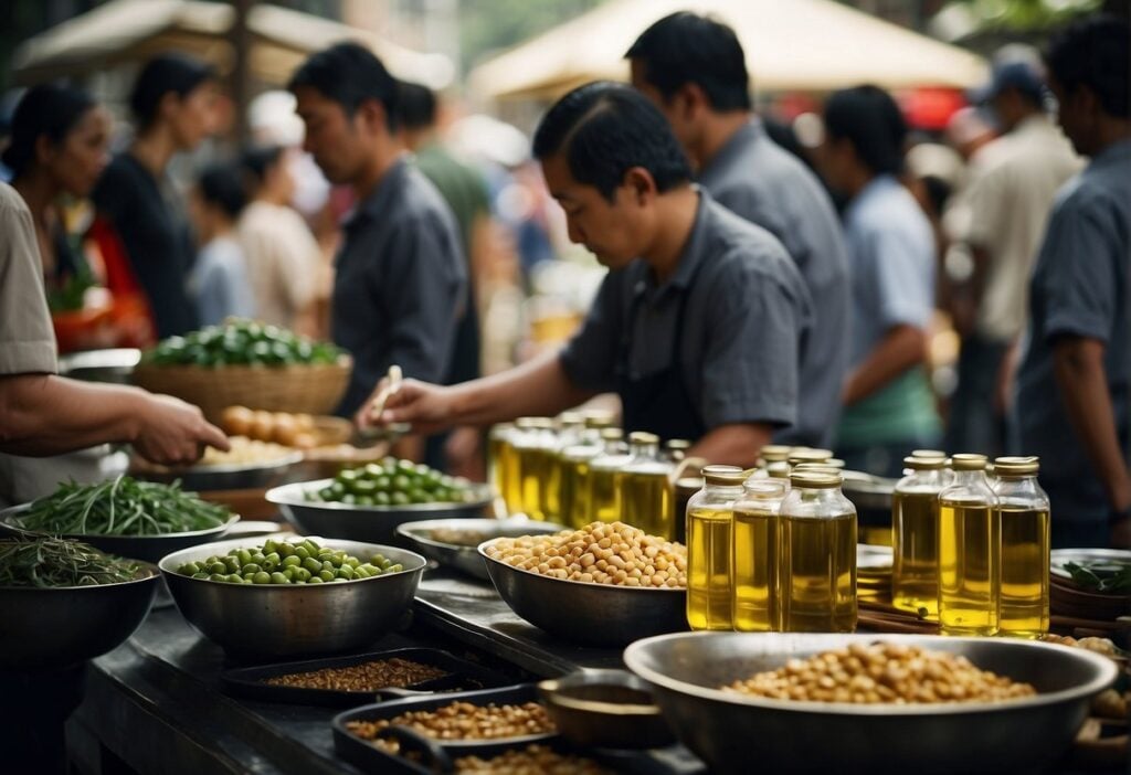 A bustling Asian street market with vendors showcasing various types of olive oils alongside traditional cooking ingredients. A chef expertly incorporating olive oil into a sizzling wok dish, surrounded by eager onlookers