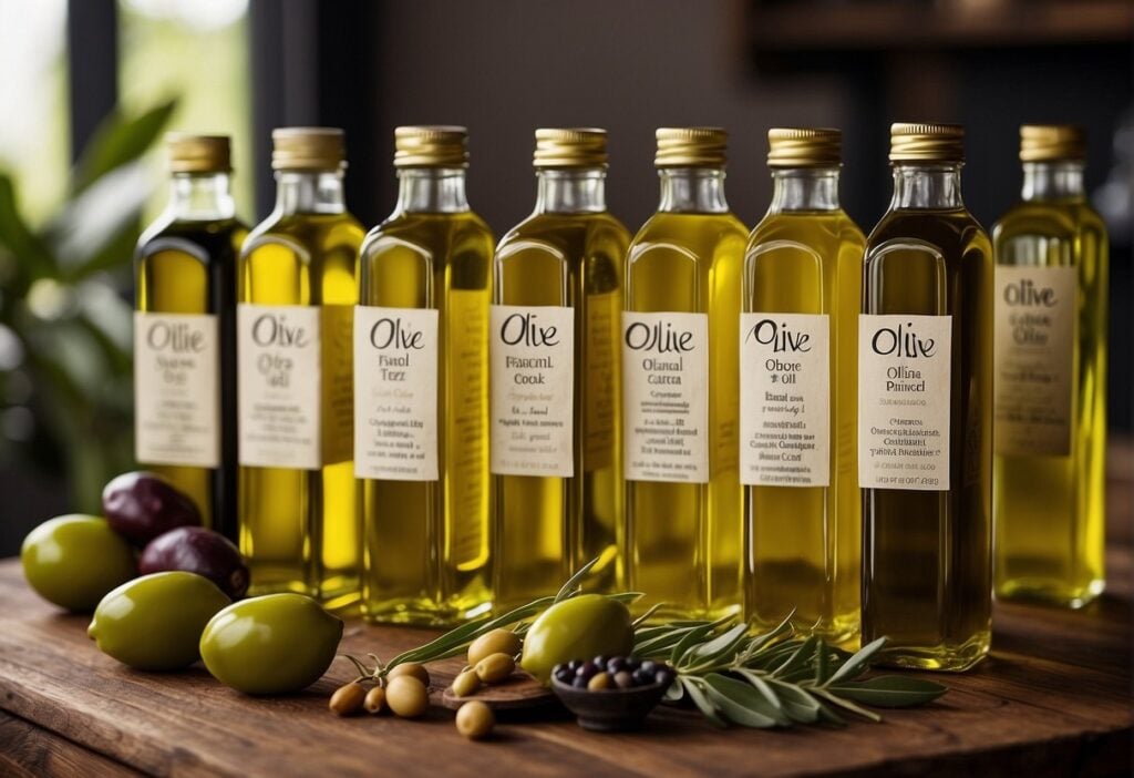 Various olive oil types displayed with Southeast Asian ingredients, showcasing their diverse characteristics in cooking