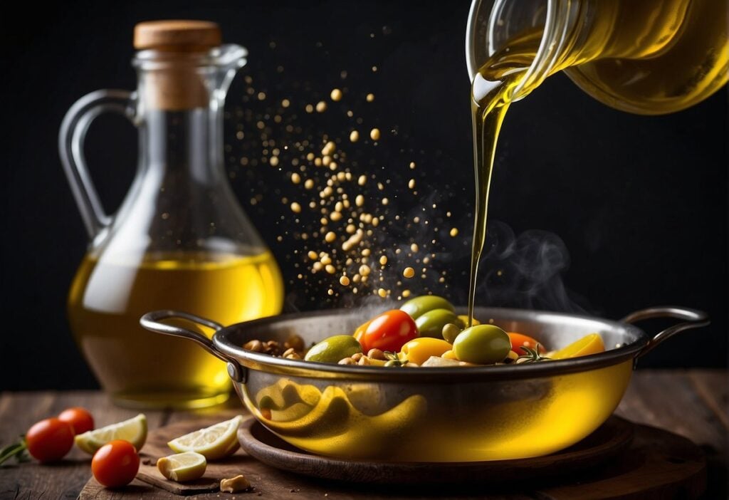 Olive oil pours from a bottle into a sizzling pan, adding a golden sheen to a stir-fry of vibrant vegetables and aromatic spices