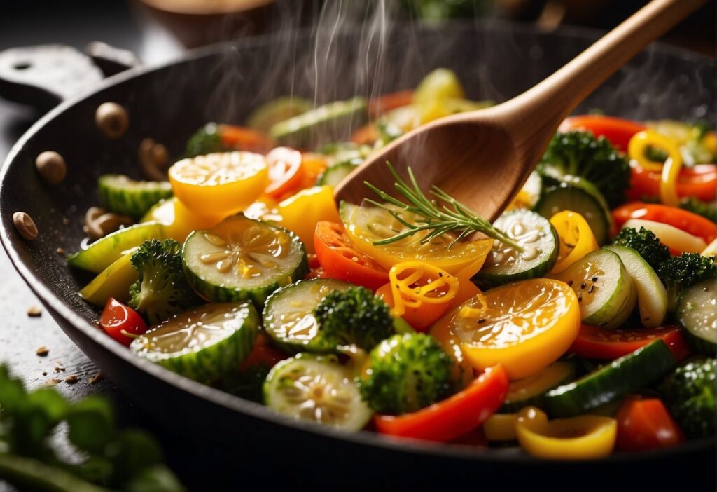 A sizzling wok filled with vibrant vegetables and aromatic herbs, as a stream of rich, golden olive oil is drizzled over the ingredients, infusing the dish with a delicate and flavorful essence