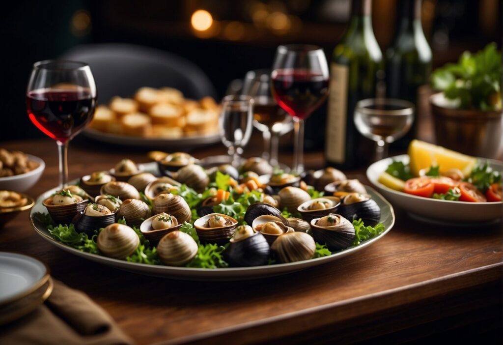 A table set with a variety of escargot dishes and wine glasses, surrounded by bottles of different beverages
