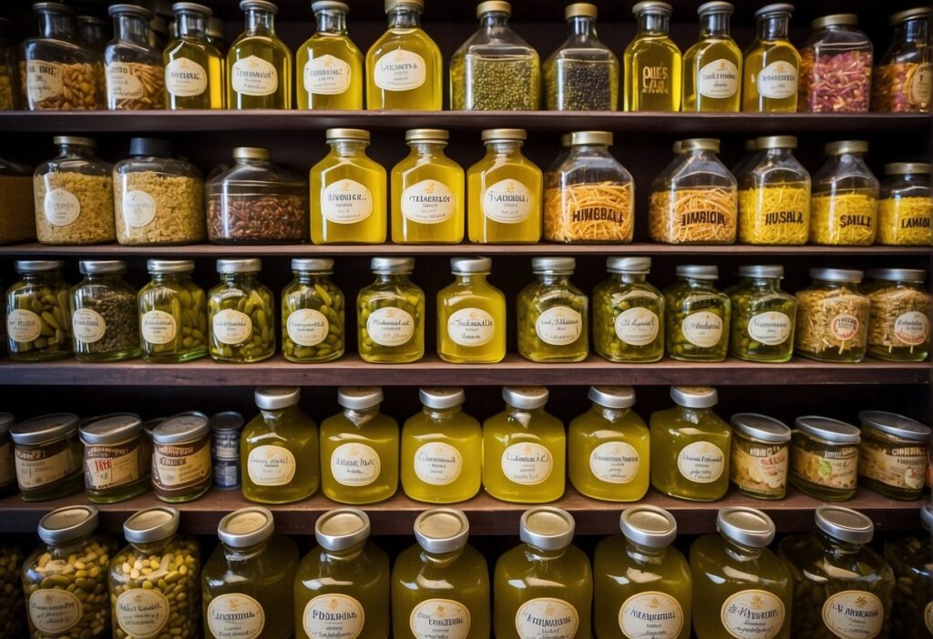 An array of vibrant Southeast Asian ingredients surround a prominent display of various olive oil brands, highlighting the growing popularity of this Mediterranean staple in the region's culinary landscape