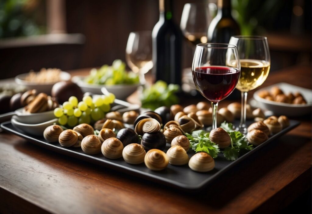 A table set with escargot, wine glasses, and a variety of wine bottles