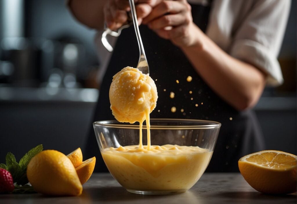 A hand pours stabilizers into a sorbet mixture, refining sweetness and flavor for a smooth consistency