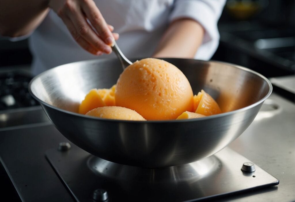 A scoop of sorbet being smoothly scooped from a container, showing its creamy and stable consistency