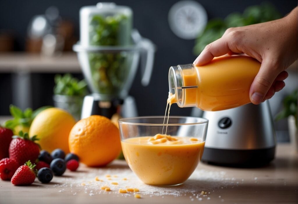 A hand blender mixes fruit puree with stabilizers to achieve a smooth and creamy sorbet consistency