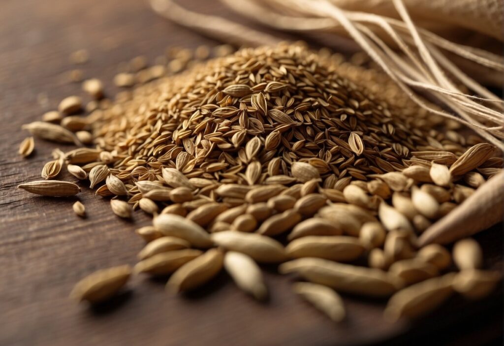 Cumin appears in ancient texts, depicted as a small, dried seed with a warm, earthy aroma, often used in cooking and medicine