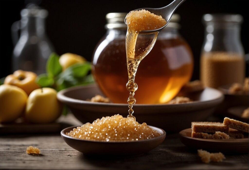Brown sugar is being carefully measured and poured into a pot of boiling fruit and vinegar. The sugar dissolves, adding sweetness and aiding in the preservation of the canned goods