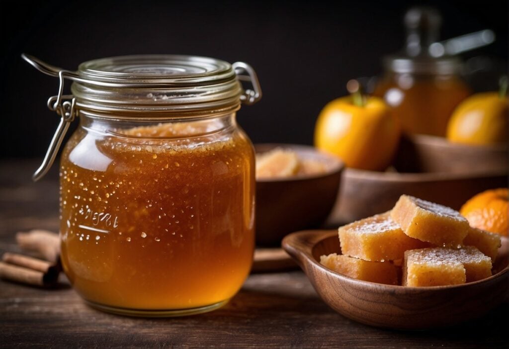 Brown sugar being measured and poured into a pot of simmering fruit preserves. A spoon stirs the mixture as it thickens, creating a rich, caramelized color