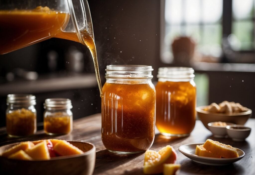 Brown sugar is being poured into a pot of boiling fruit, adding sweetness and aiding in the preservation process