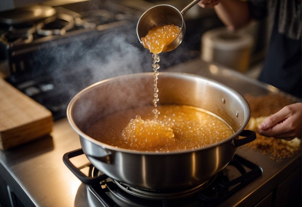 Brown sugar being stirred into a boiling fruit mixture in a large pot on a stove, with jars and lids ready for canning on the counter
