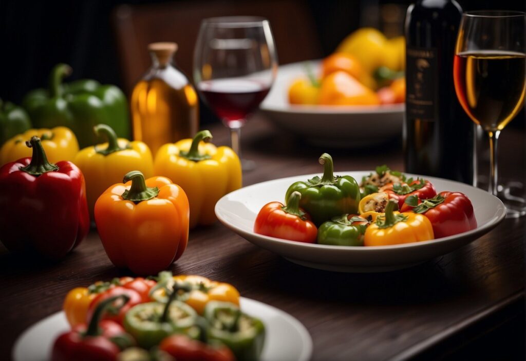 A table set with stuffed bell peppers, assorted wines, and beverages. A sommelier carefully selects the perfect wine to pair with the savory dish
