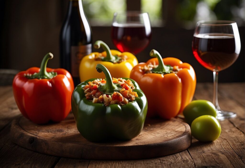 Stuffed bell peppers sit on a rustic wooden table, surrounded by glasses of red and white wine, as well as various beverages