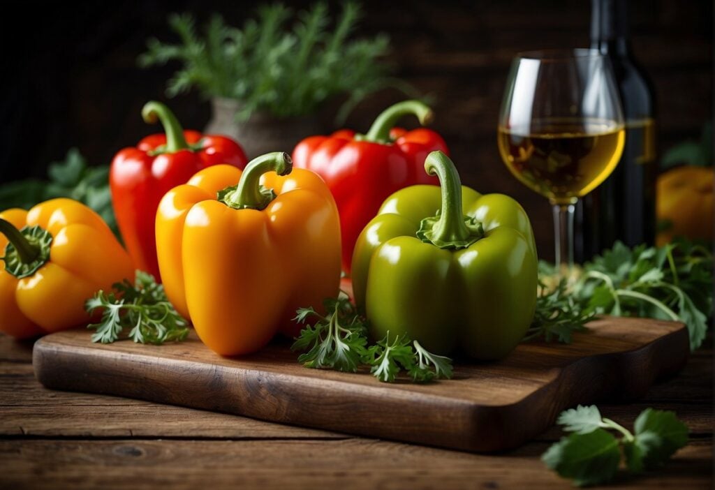Stuffed bell peppers arranged on a rustic wooden table with glasses of red and white wine, surrounded by fresh herbs and colorful fruits