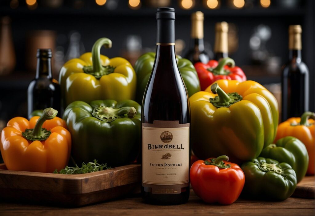 Stuffed bell peppers surrounded by various wine bottles and beverage options