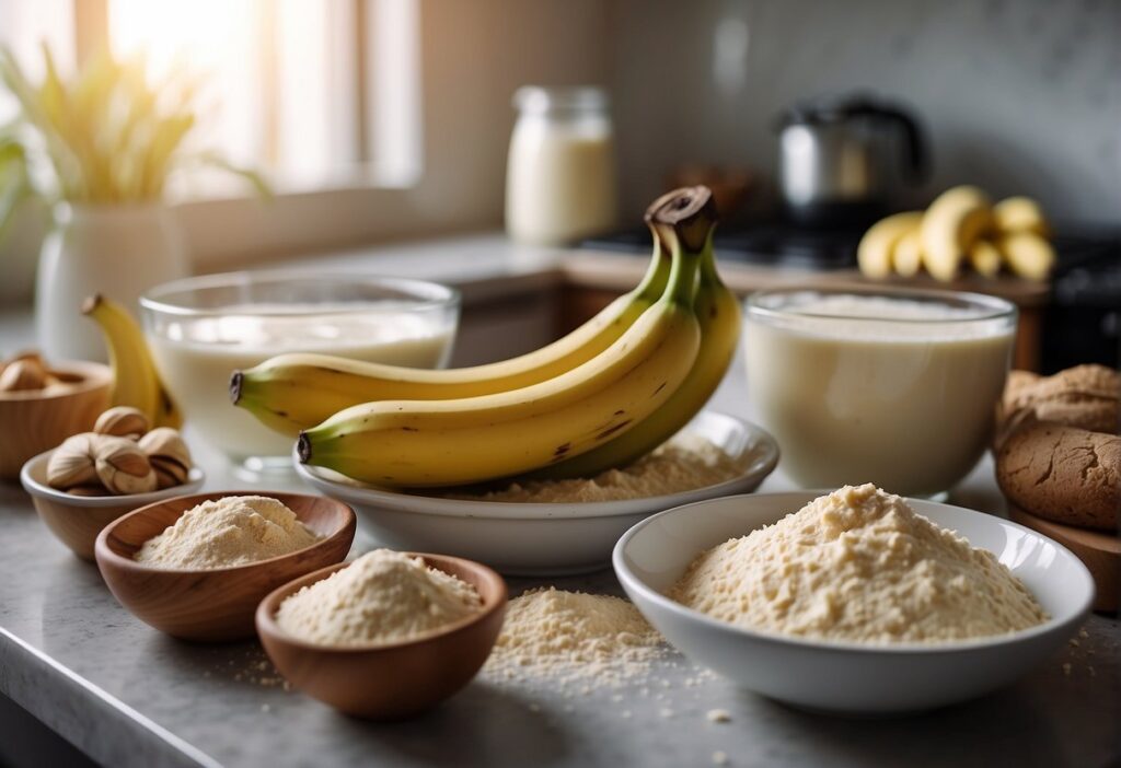 Ripe bananas being mashed in a bowl, surrounded by gluten-free flour, almond milk, and other baking ingredients on a kitchen counter