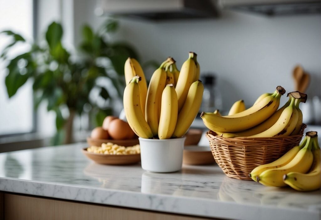 Ripe bananas and kitchen utensils arranged on a clean countertop, showcasing their importance in gluten-free cooking