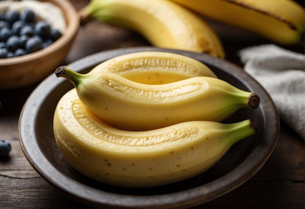 Ripe bananas mashed into a smooth, creamy consistency with a slightly fibrous texture, ready to be incorporated into gluten free recipes