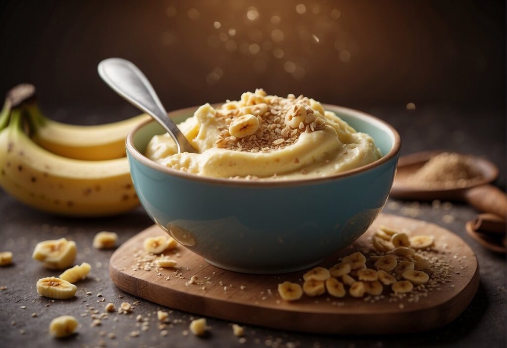 Ripe bananas mashed into a bowl of gluten-free batter, adding natural sweetness and moisture. A measuring spoon sprinkles cinnamon over the mixture