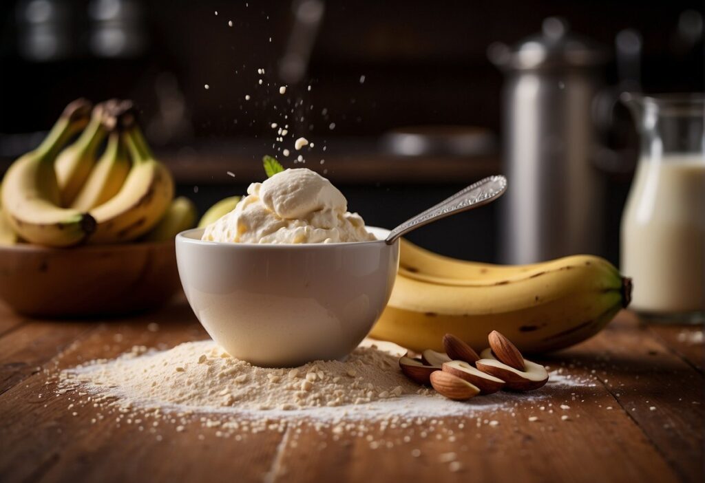 A bowl of ripe bananas being mashed with a fork, with a measuring cup of banana flour and a mixing spoon nearby