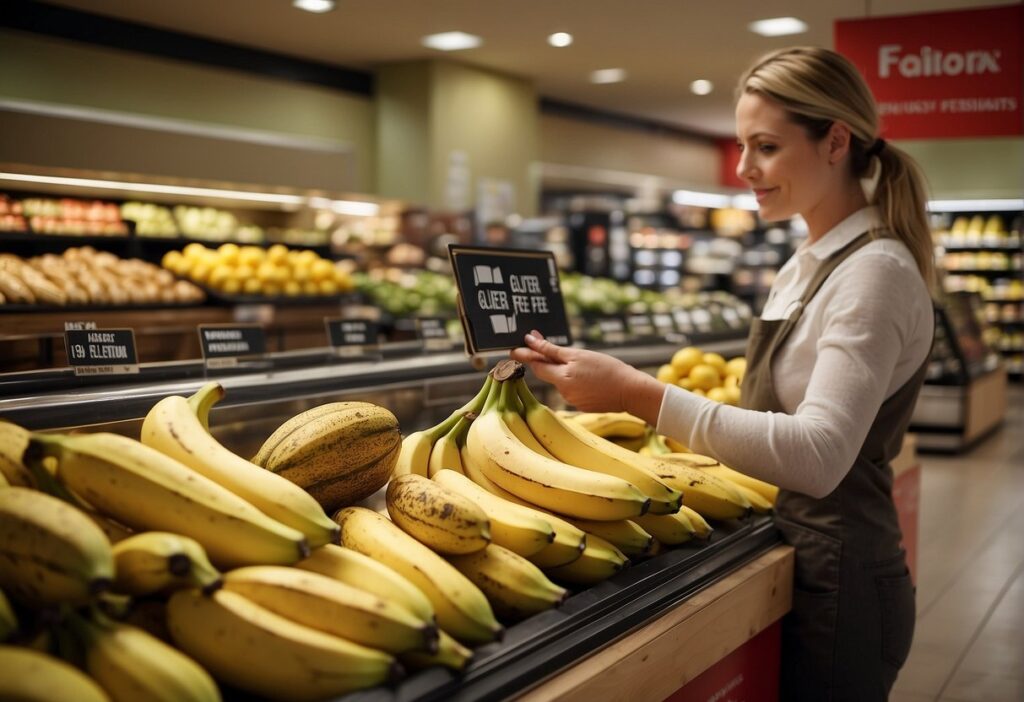 A person selects ripe bananas from a display at the grocery store, with a sign reading "Gluten-Free Ingredients" in the background