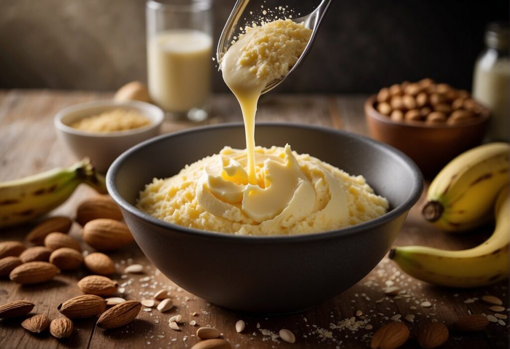 A mixing bowl filled with mashed bananas, almond flour, and eggs. A whisk stirs the ingredients together, creating a smooth batter for gluten-free baking