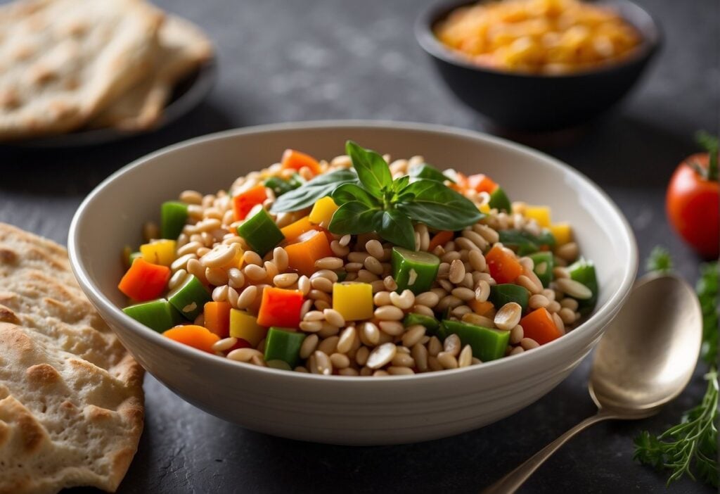A bowl of cooked farro with colorful vegetables and herbs, served alongside a plate of freshly baked pita bread