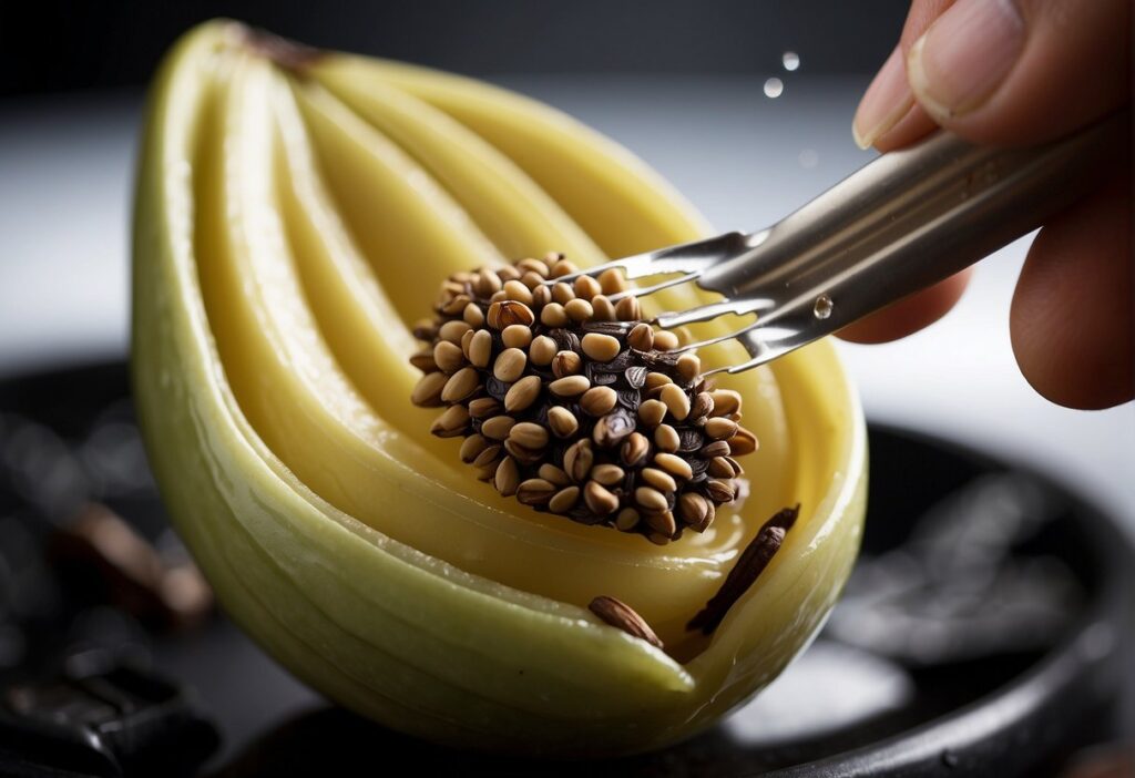A vanilla bean pod is being delicately scraped, releasing its aromatic seeds into a high-tech culinary device, infusing the air with a sweet and rich aroma