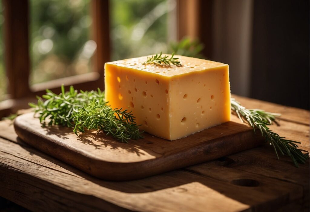A block of cheddar cheese sits on a rustic wooden table, surrounded by fresh herbs and a loaf of bread. Sunlight streams in through a nearby window, casting a warm glow on the scene